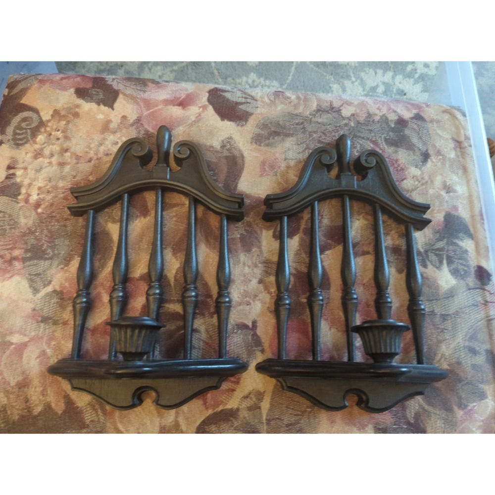 2 Vintage HOMCO MCM Faux Wood Like Federal Style Hanging Candle Sconces